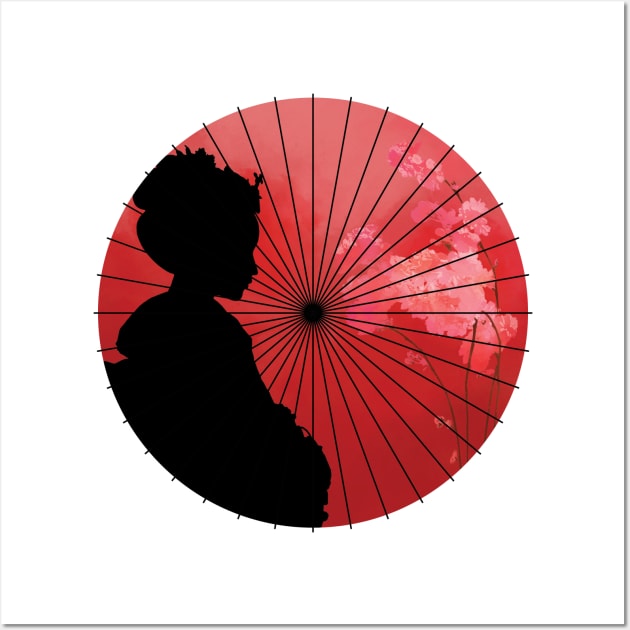 Vintage comic japanese flag with geisha girl, sakura flower, umbrella Wall Art by Vane22april